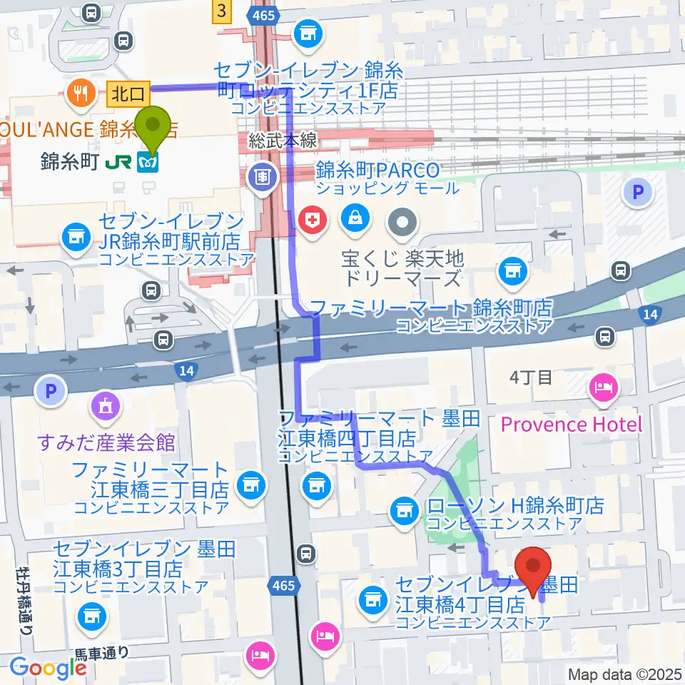 錦糸町パピーズの最寄駅錦糸町駅からの徒歩ルート（約7分）地図