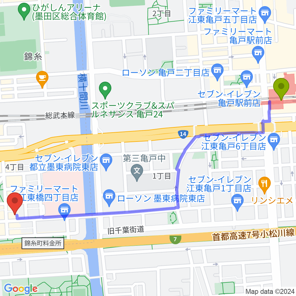 亀戸駅から錦糸町パピーズへのルートマップ地図
