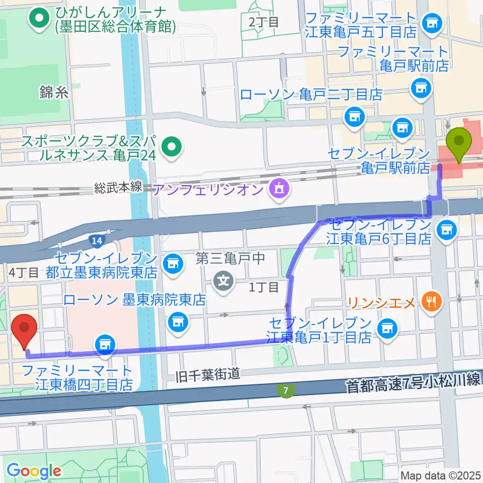 亀戸駅から錦糸町パピーズへのルートマップ地図