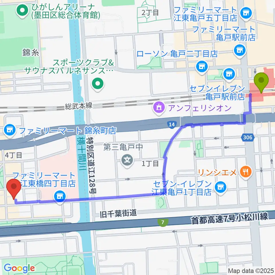 亀戸駅から錦糸町パピーズへのルートマップ地図