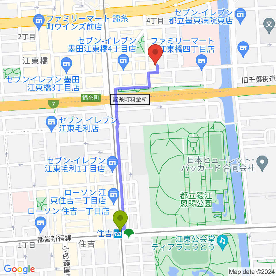 住吉駅から錦糸町パピーズへのルートマップ地図