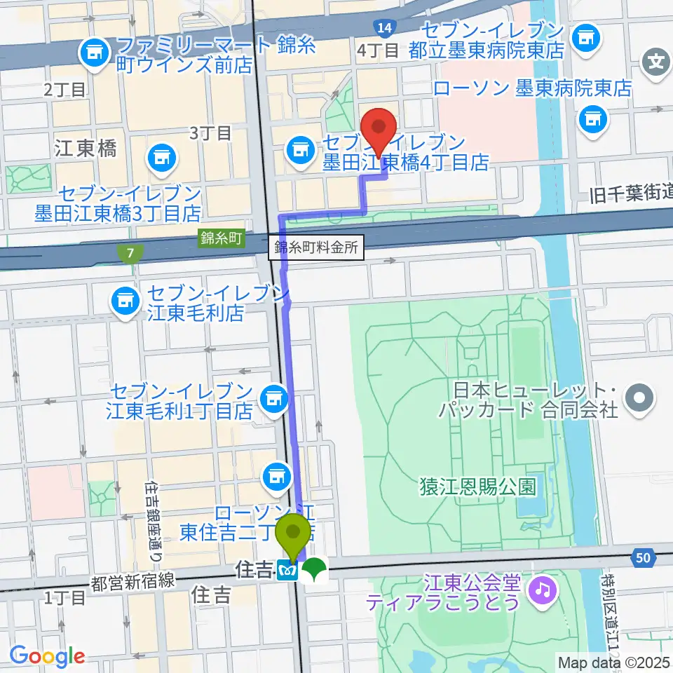 住吉駅から錦糸町パピーズへのルートマップ地図