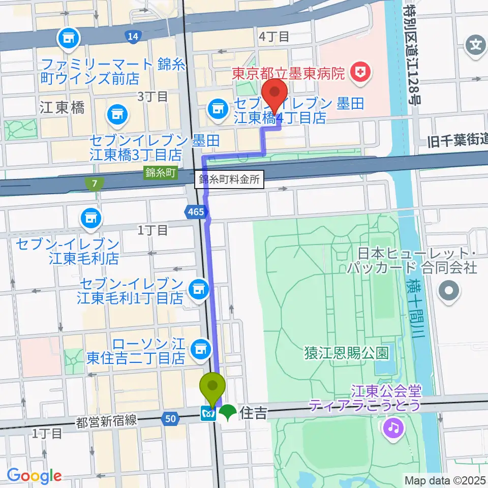 住吉駅から錦糸町パピーズへのルートマップ地図