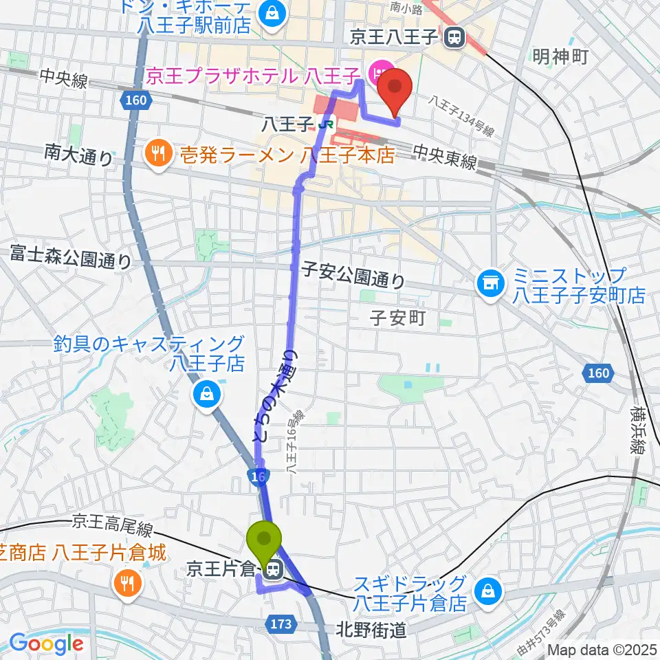 京王片倉駅から八王子音楽院JR校へのルートマップ地図
