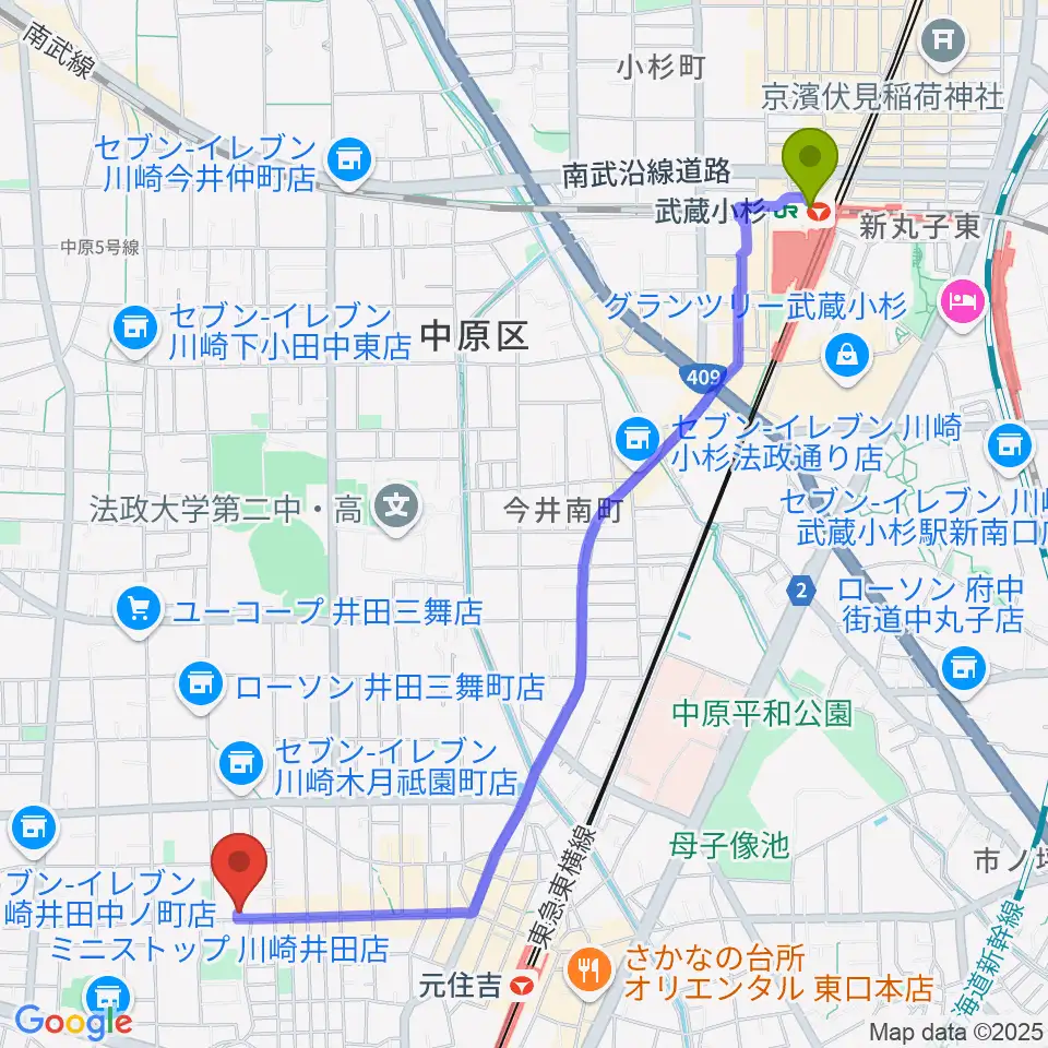 武蔵小杉駅からスミノ楽器店へのルートマップ地図