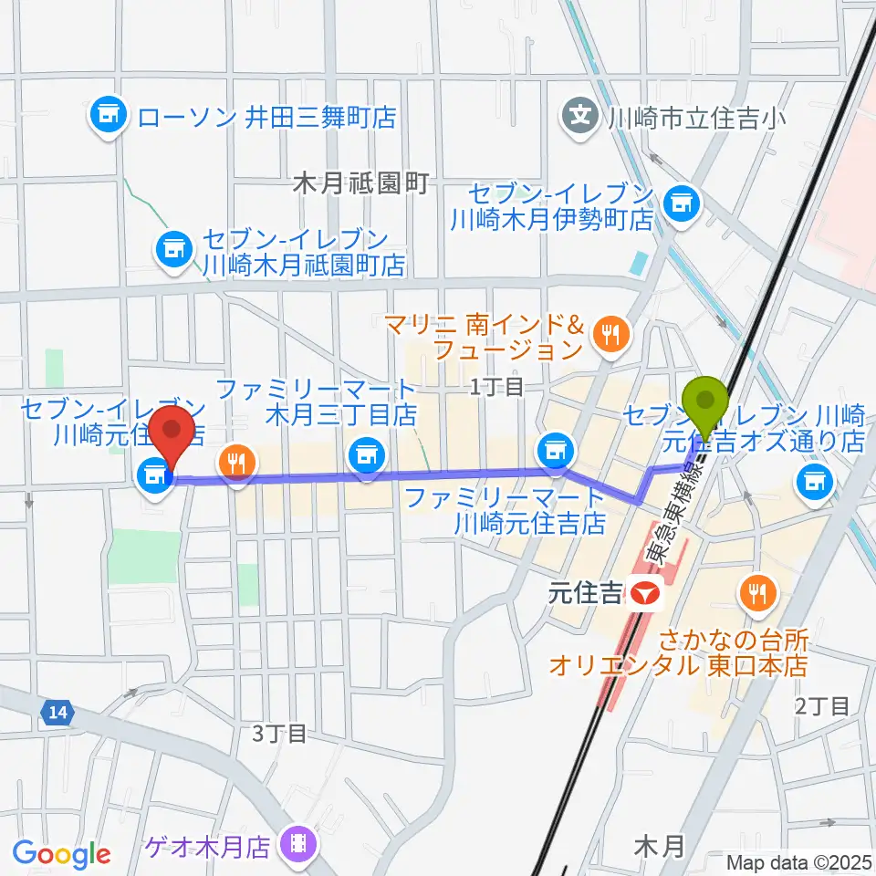 スミノ楽器店の最寄駅元住吉駅からの徒歩ルート（約10分）地図