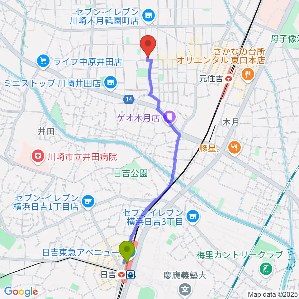 日吉駅からスミノ楽器店へのルートマップ地図