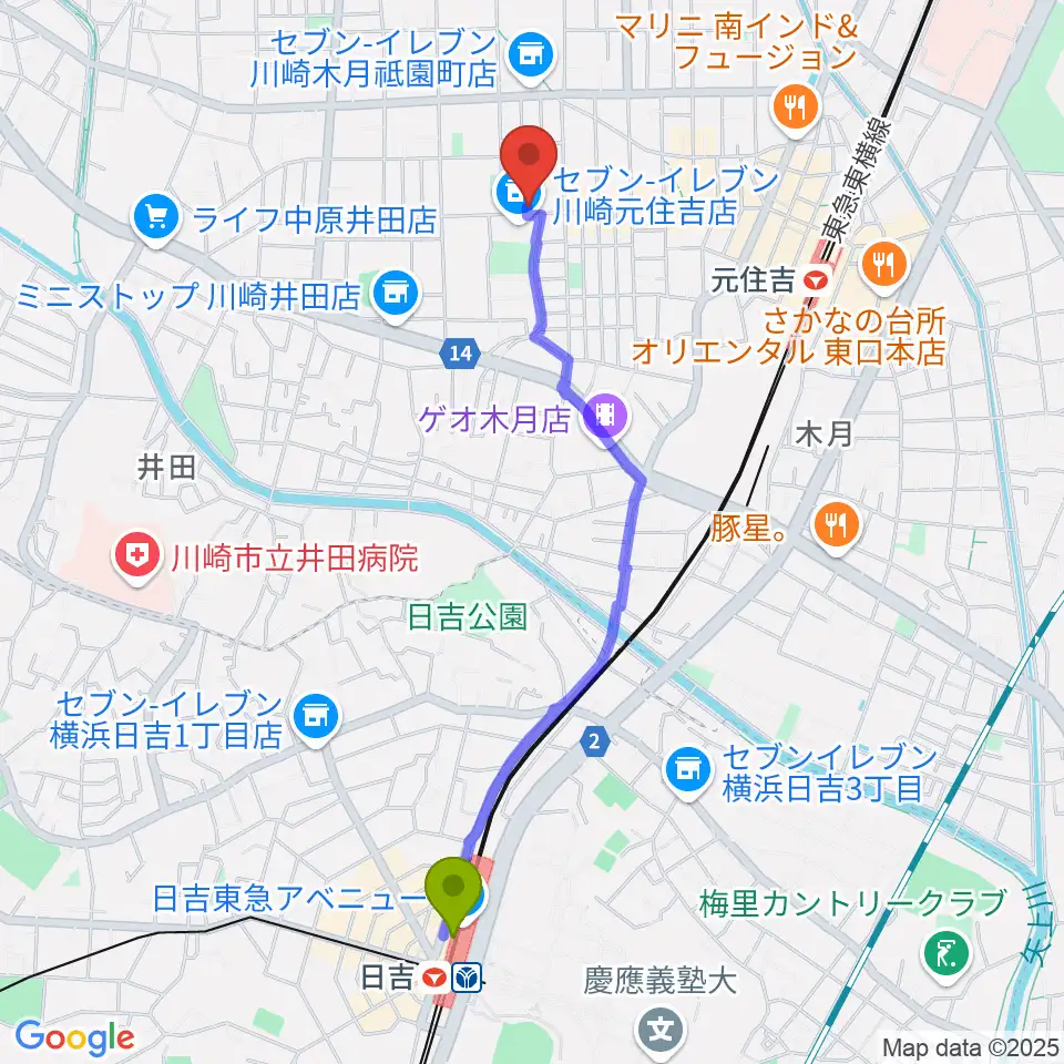 日吉駅からスミノ楽器店へのルートマップ地図