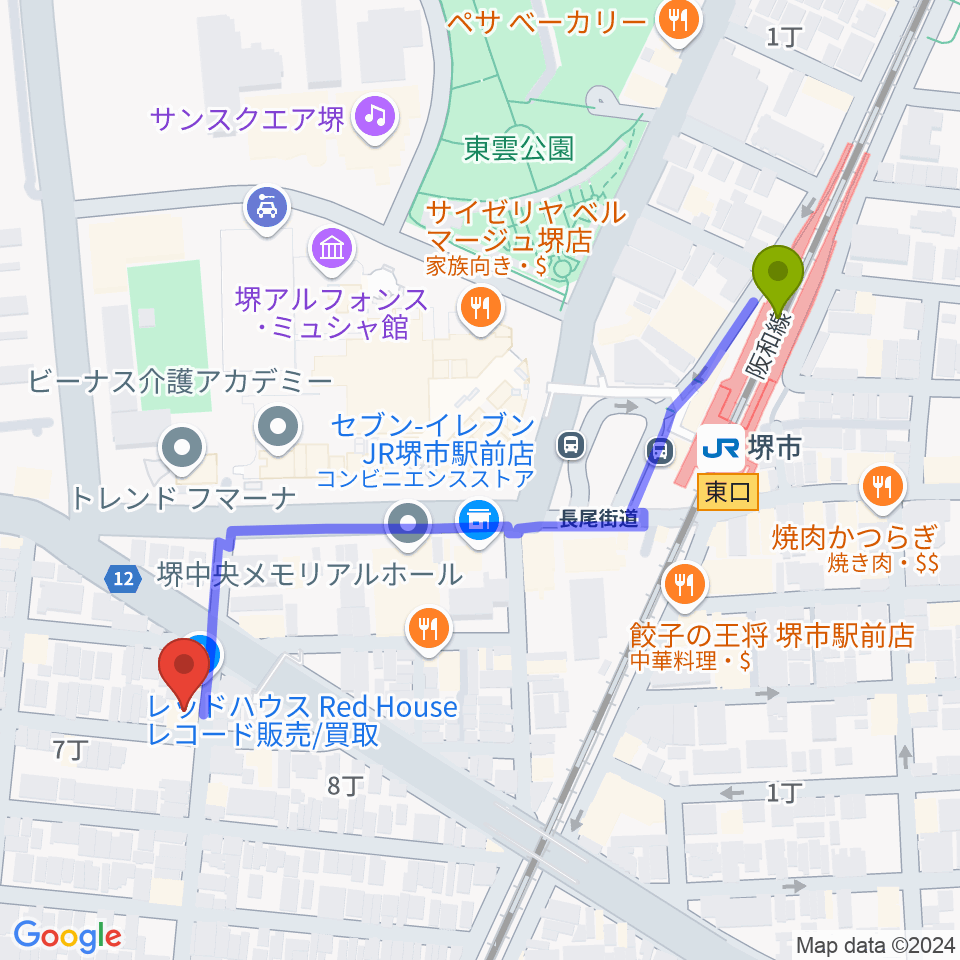 サムズ・レコード・ショップ堺店の最寄駅堺市駅からの徒歩ルート（約6分）地図