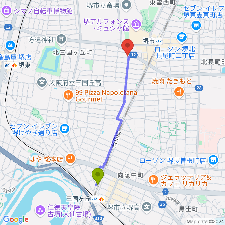 三国ケ丘駅からサムズ・レコード・ショップ堺店へのルートマップ地図