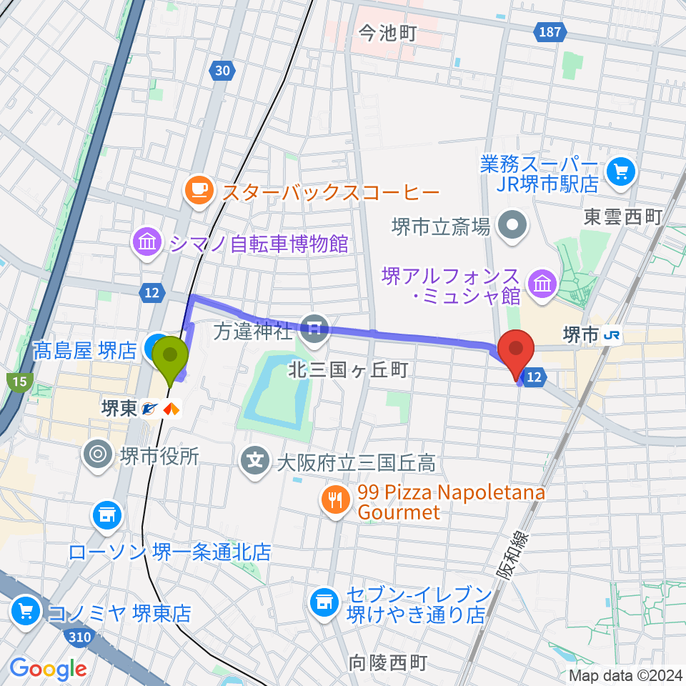 堺東駅からサムズ・レコード・ショップ堺店へのルートマップ地図