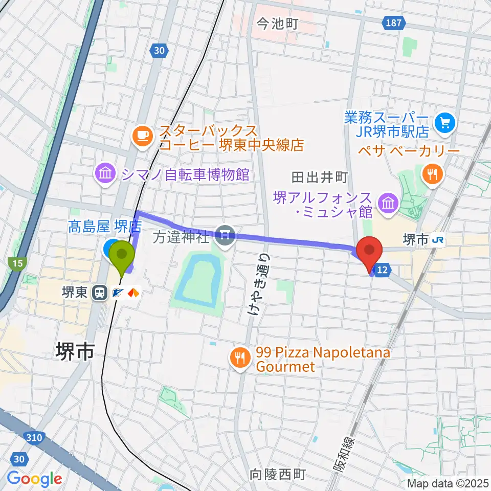 堺東駅からサムズ・レコード・ショップへのルートマップ地図