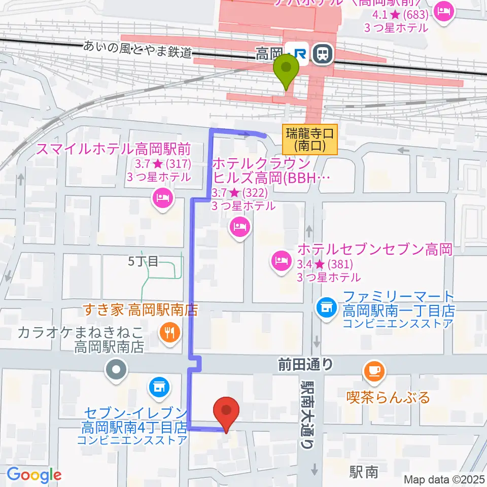 本田麻優美の胡弓教室の最寄駅高岡駅からの徒歩ルート（約5分）地図