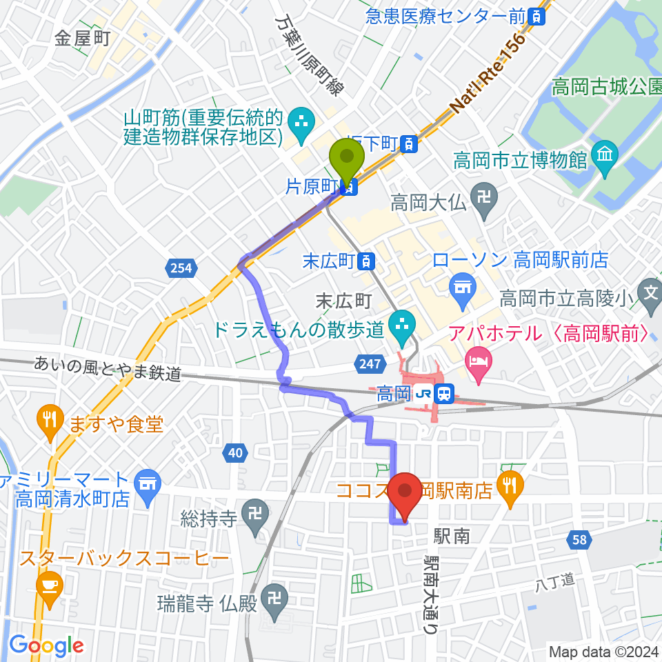 片原町駅から本田麻優美の胡弓教室へのルートマップ地図