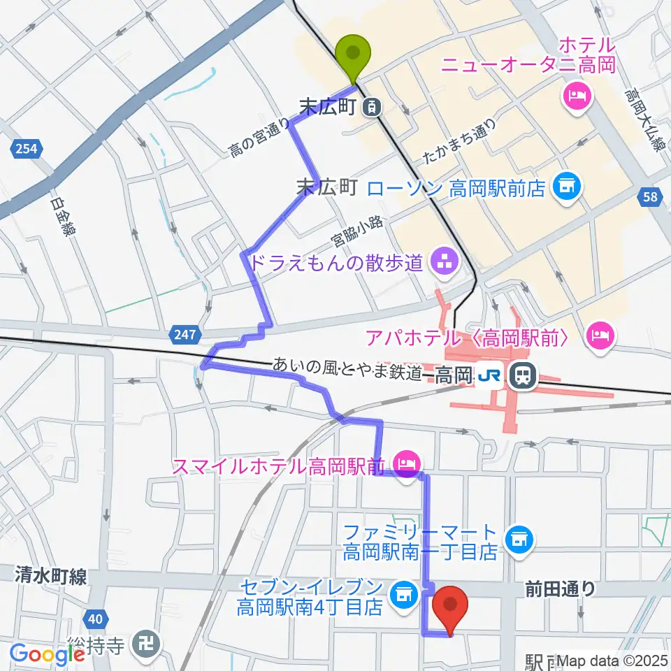末広町駅から本田麻優美の胡弓教室へのルートマップ地図