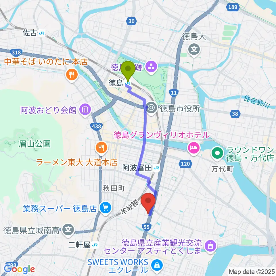 徳島駅からゲオ徳島南昭和店へのルートマップ地図