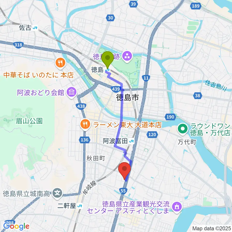 徳島駅からゲオ徳島南昭和店へのルートマップ地図