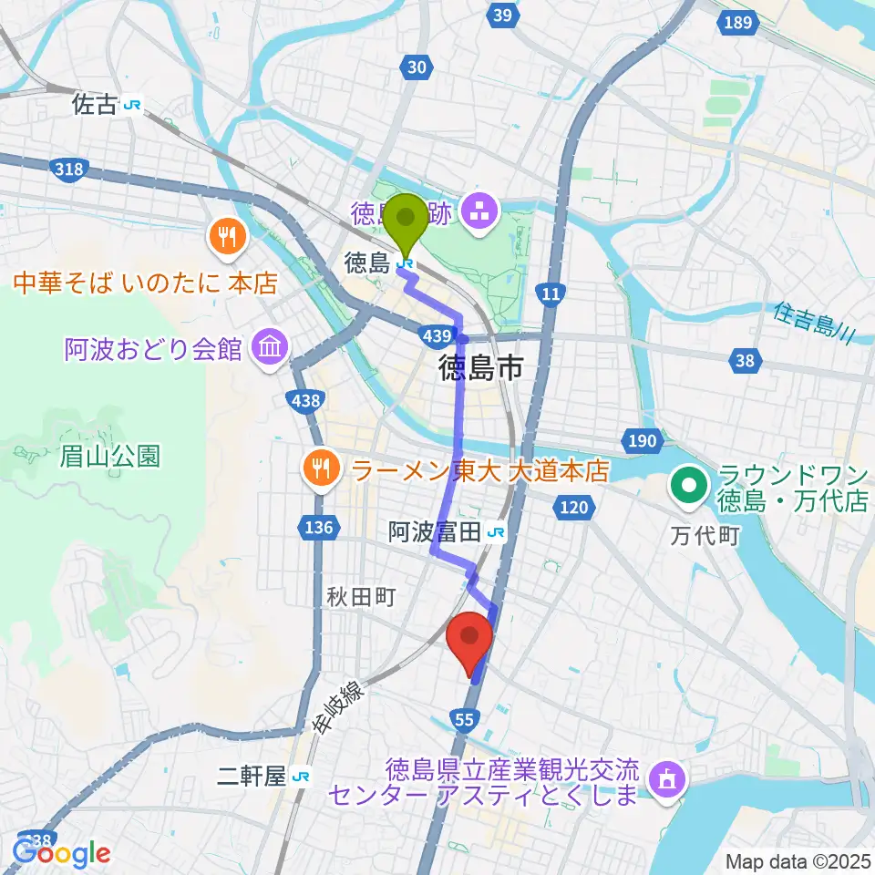 徳島駅からゲオ徳島南昭和店へのルートマップ地図