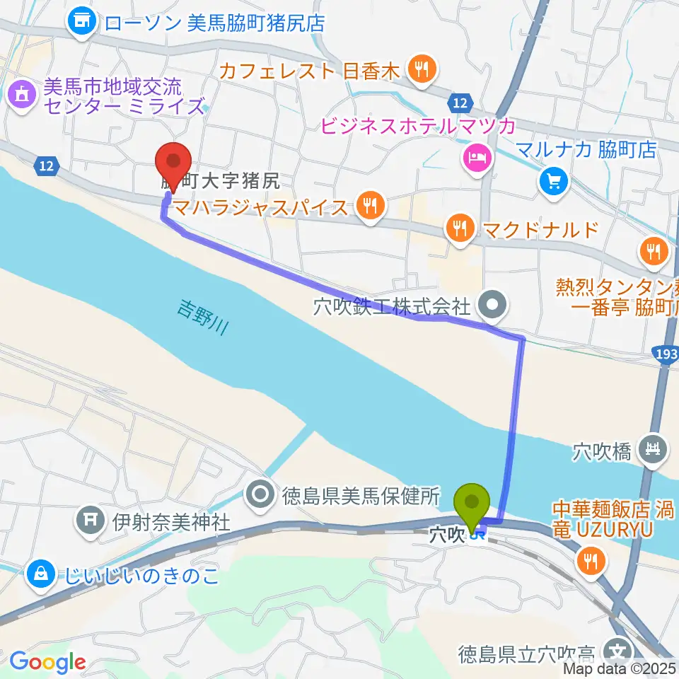 ゲオ脇町店の最寄駅穴吹駅からの徒歩ルート（約21分）地図