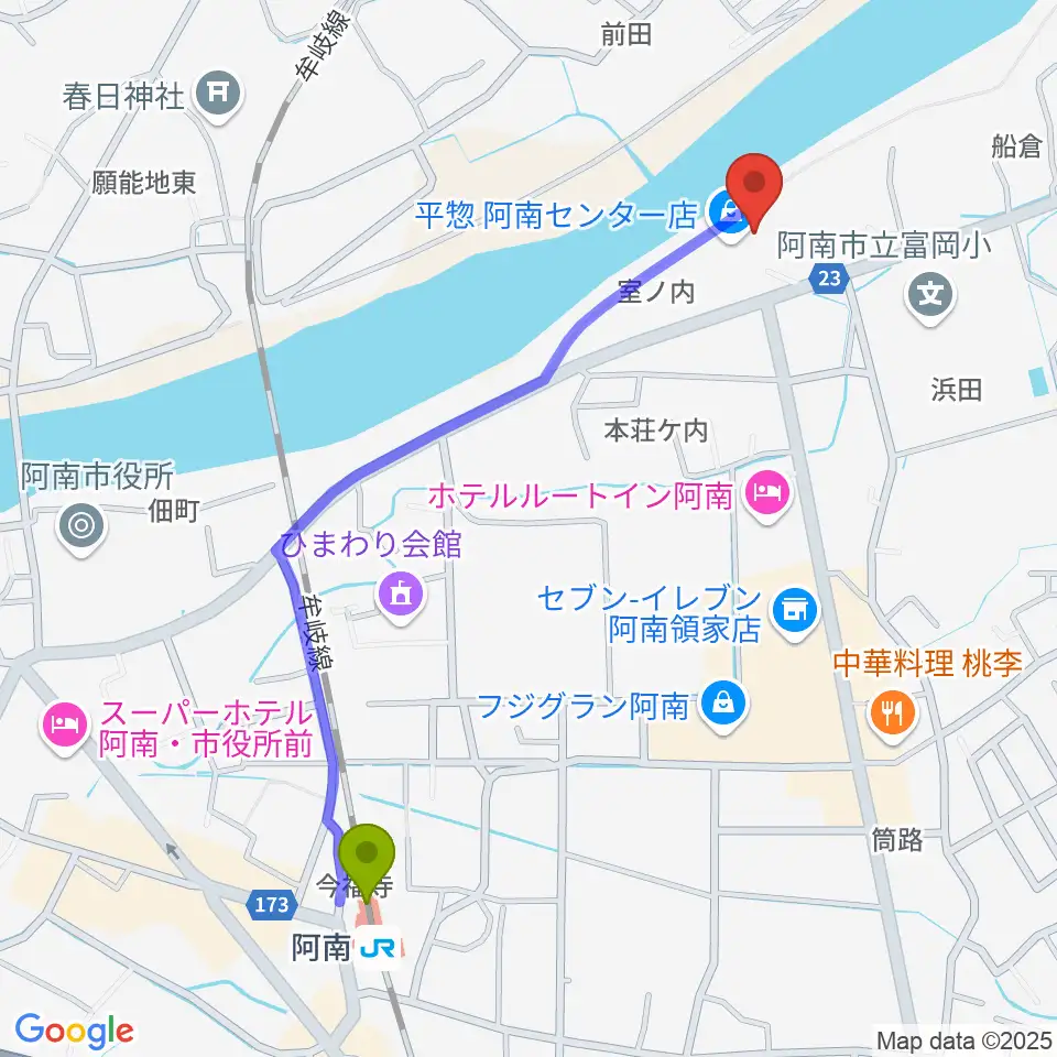 平惣ゲオ阿南センター店の最寄駅阿南駅からの徒歩ルート（約12分）地図