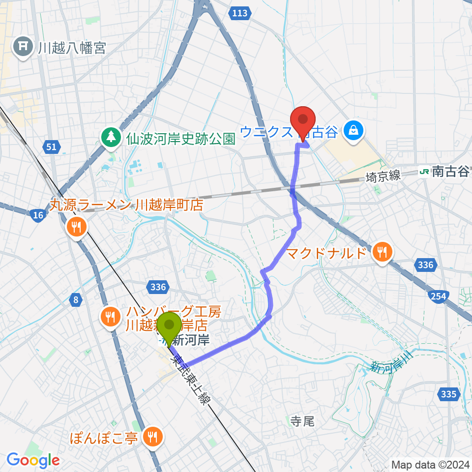 Musica Rossaヴァイオリン教室の最寄駅新河岸駅からの徒歩ルート（約32分）地図