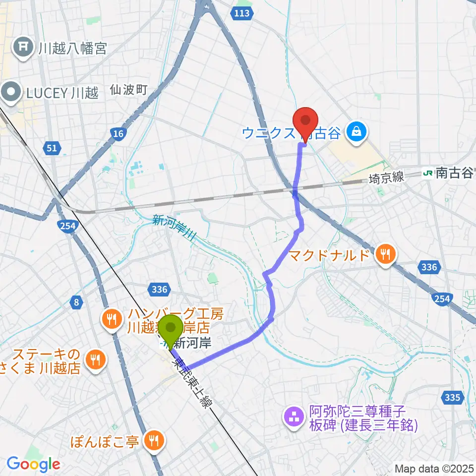 Musica Rossaヴァイオリン教室の最寄駅新河岸駅からの徒歩ルート（約32分）地図