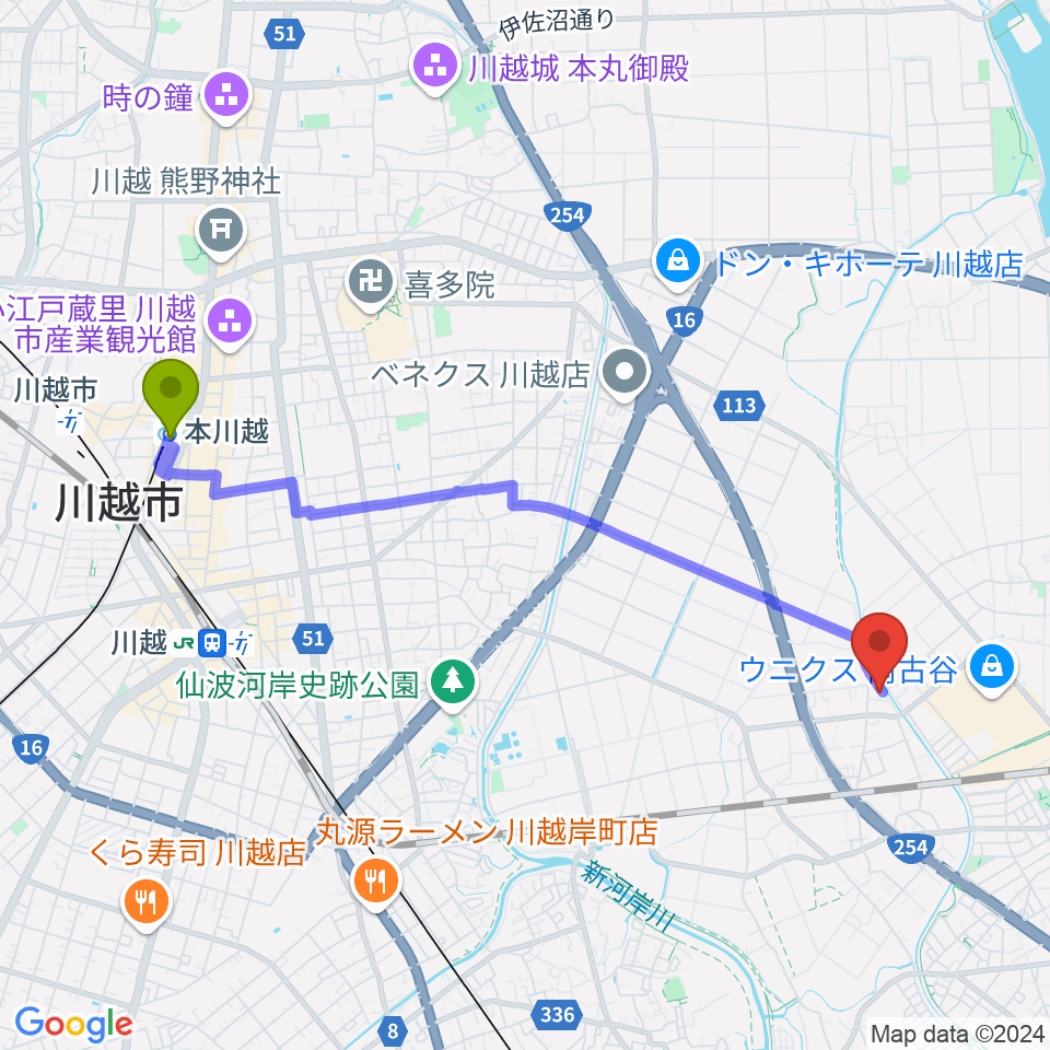 本川越駅からMusica Rossaヴァイオリン教室へのルートマップ地図