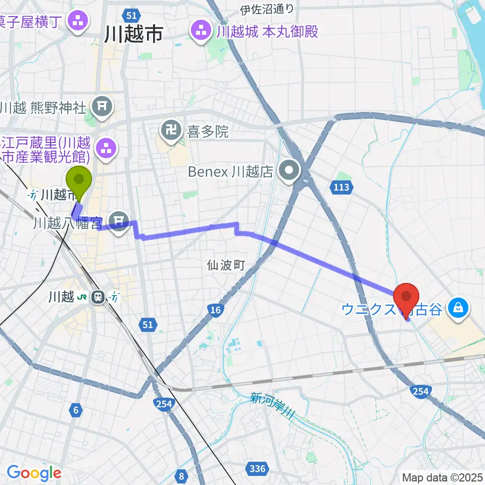 本川越駅からMusica Rossaヴァイオリン教室へのルートマップ地図