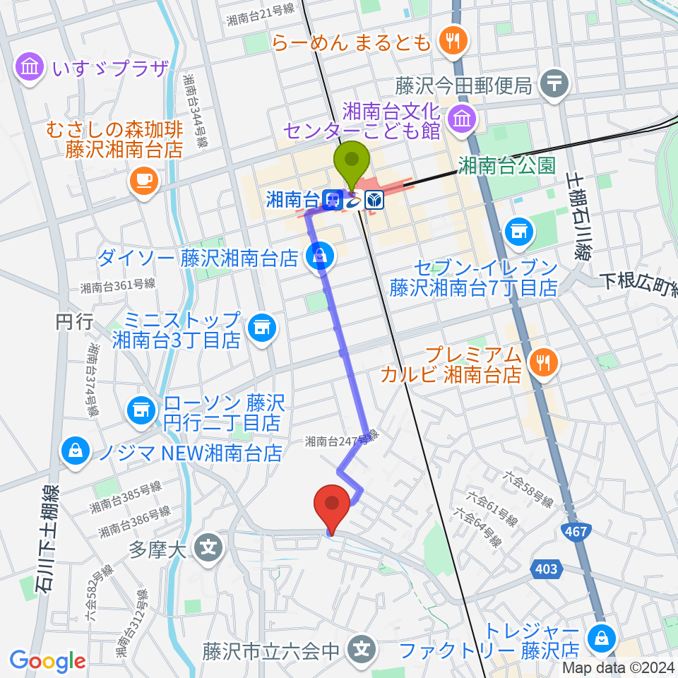 湘南台駅からギター・ウクレレ・ピアノ教室リトルアイランドへのルートマップ地図