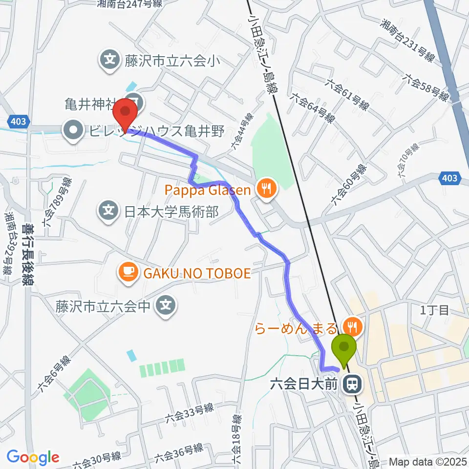ギター・ウクレレ・ピアノ教室リトルアイランドの最寄駅六会日大前駅からの徒歩ルート（約11分）地図