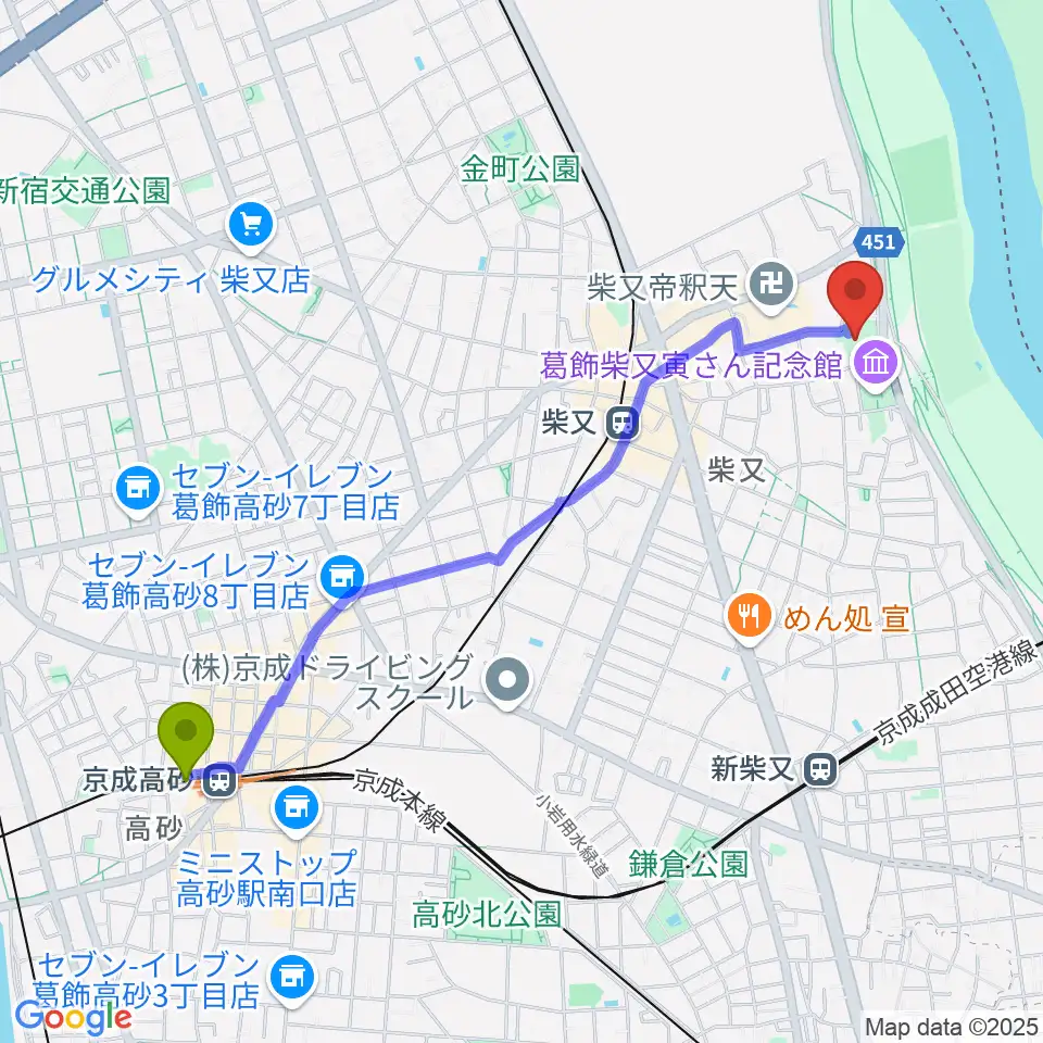 京成高砂駅から山本亭へのルートマップ地図