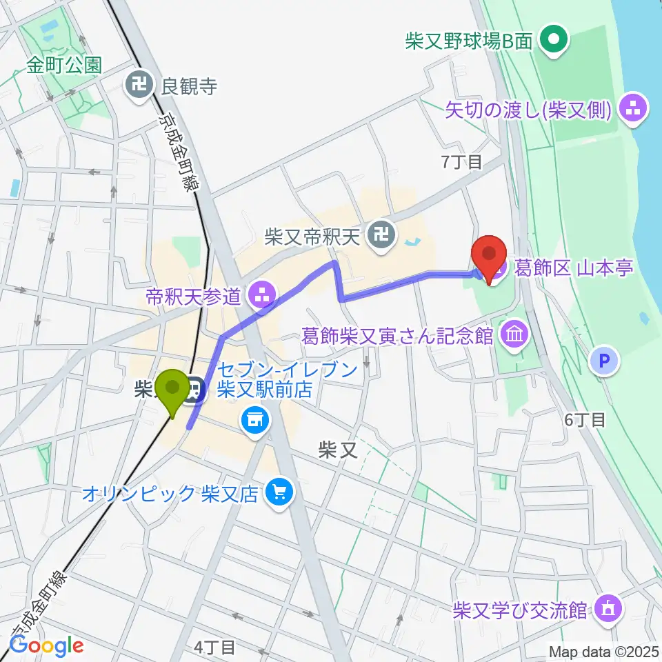 山本亭の最寄駅柴又駅からの徒歩ルート（約8分）地図