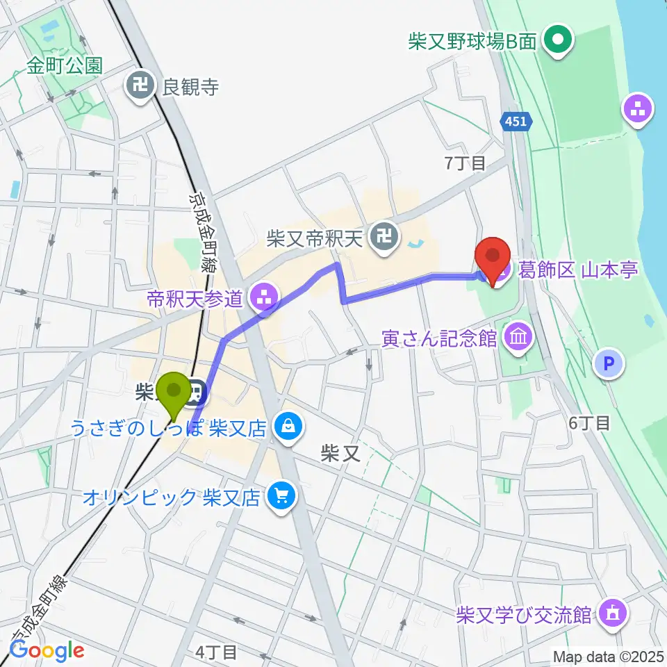 山本亭の最寄駅柴又駅からの徒歩ルート（約8分）地図