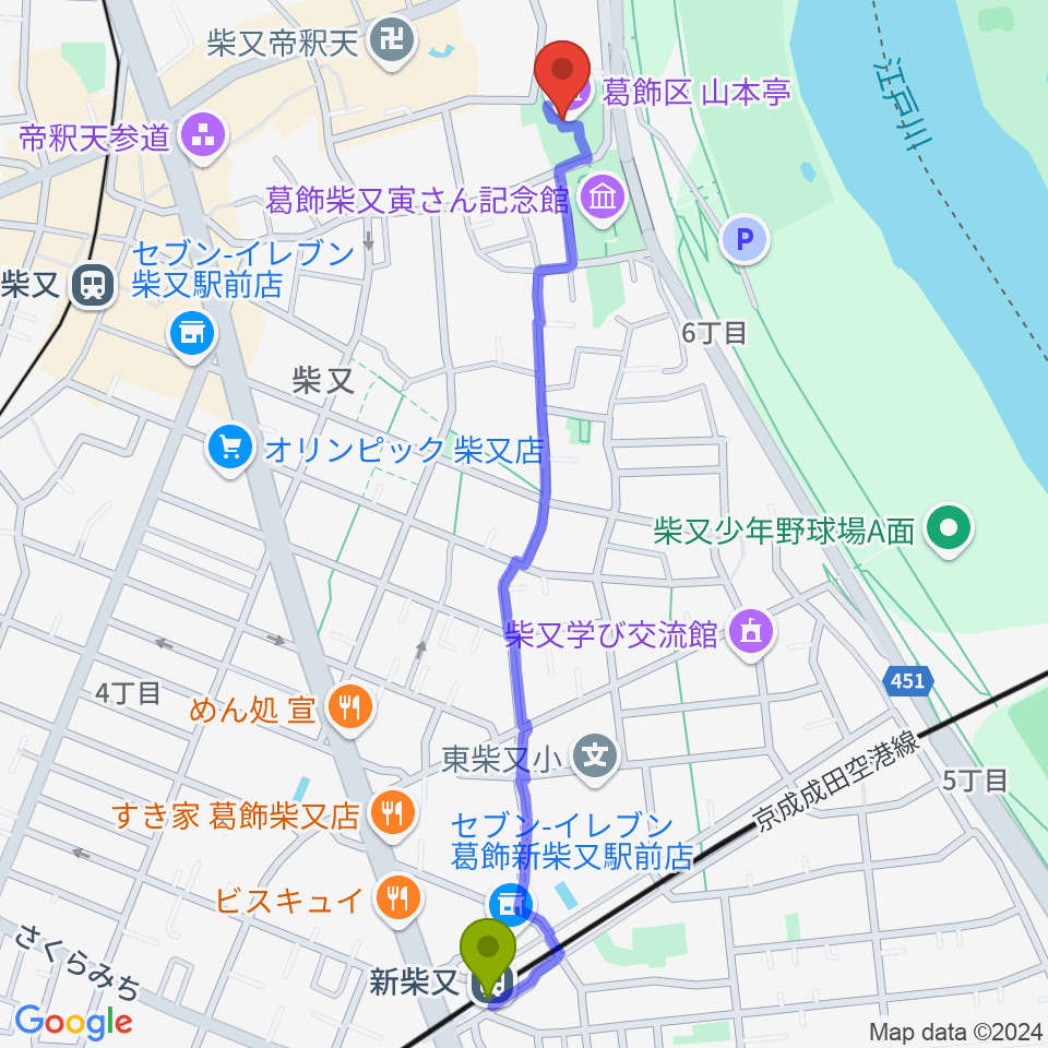 新柴又駅から山本亭へのルートマップ地図