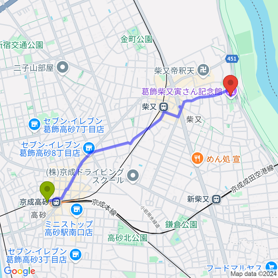 京成高砂駅から葛飾柴又寅さん記念館へのルートマップ地図