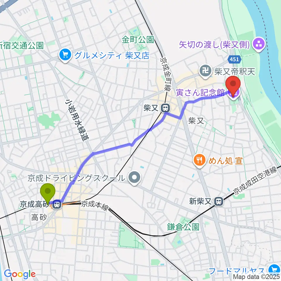 京成高砂駅から葛飾柴又寅さん記念館へのルートマップ地図