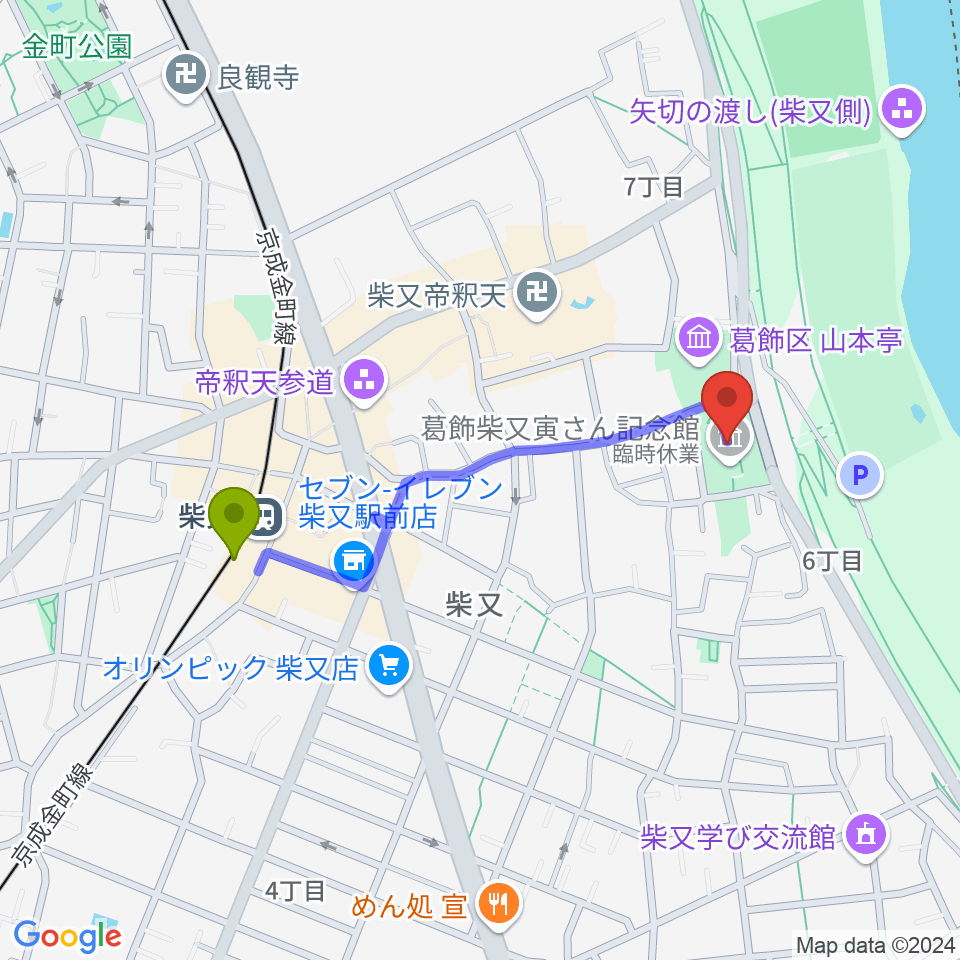 葛飾柴又寅さん記念館の最寄駅柴又駅からの徒歩ルート（約8分）地図