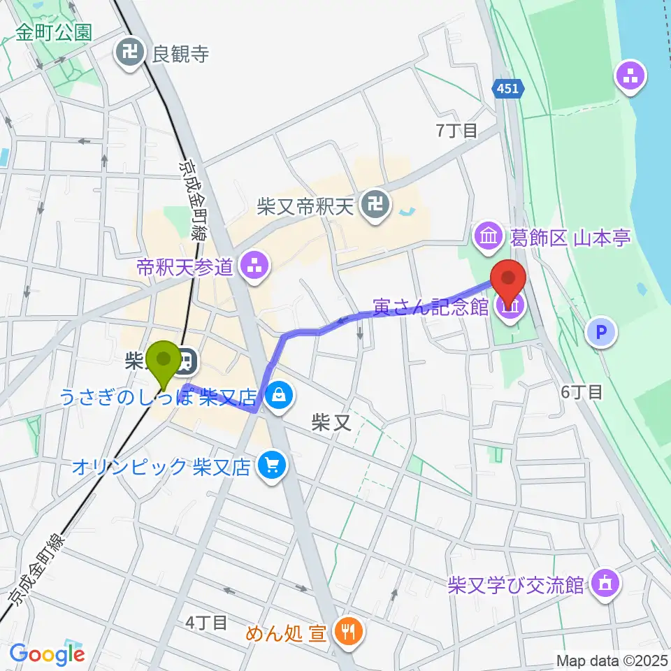 葛飾柴又寅さん記念館の最寄駅柴又駅からの徒歩ルート（約8分）地図