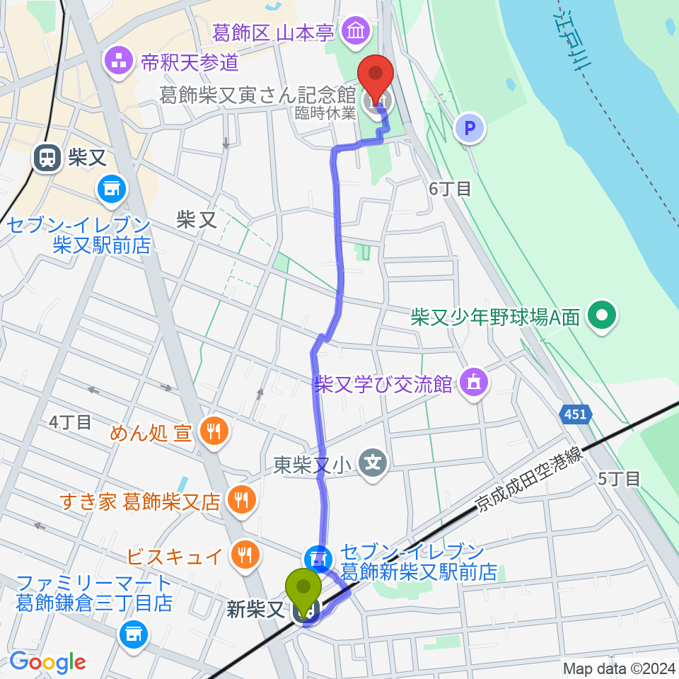 新柴又駅から葛飾柴又寅さん記念館へのルートマップ地図