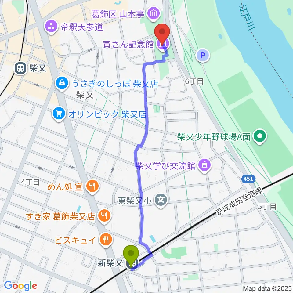 新柴又駅から葛飾柴又寅さん記念館へのルートマップ地図