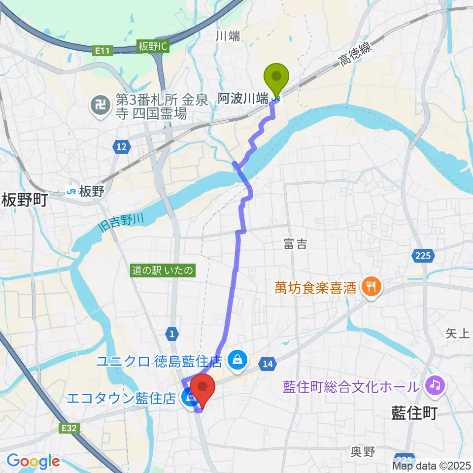 阿波川端駅からビデオ100 徳島藍住店へのルートマップ地図