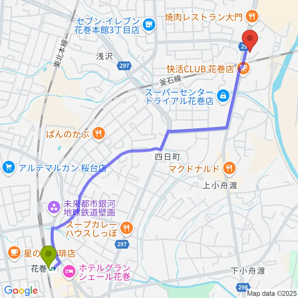 花巻駅からゲオ花巻店へのルートマップ地図