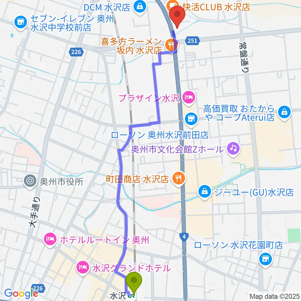 ゲオ奥州水沢佐倉河店の最寄駅水沢駅からの徒歩ルート（約26分）地図