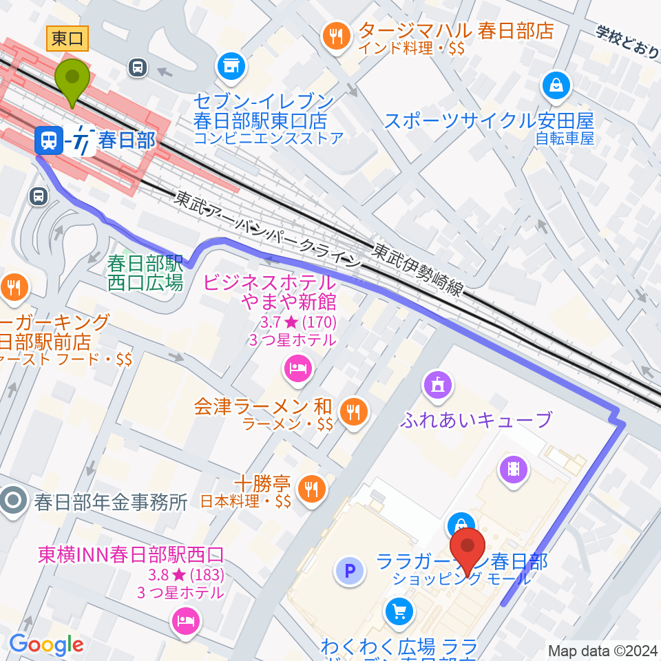 昭和楽器 ユニスタイル春日部の最寄駅春日部駅からの徒歩ルート（約7分）地図