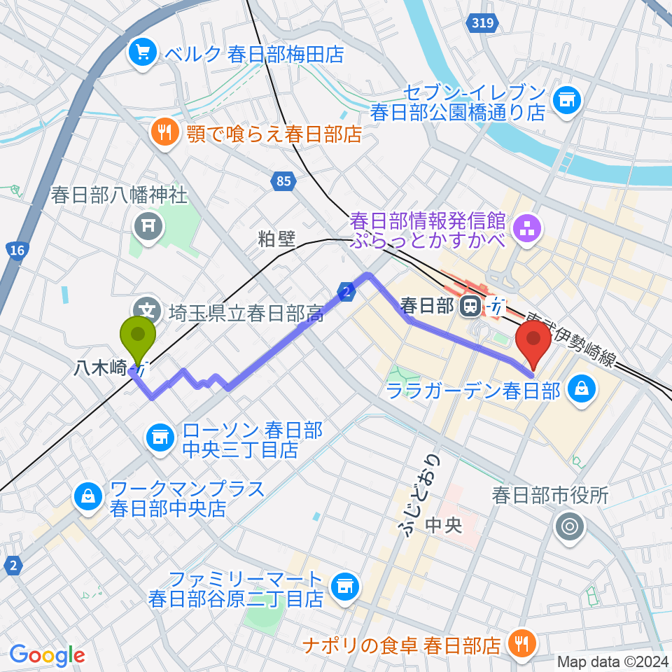 八木崎駅から昭和楽器 春日部西口センターへのルートマップ地図