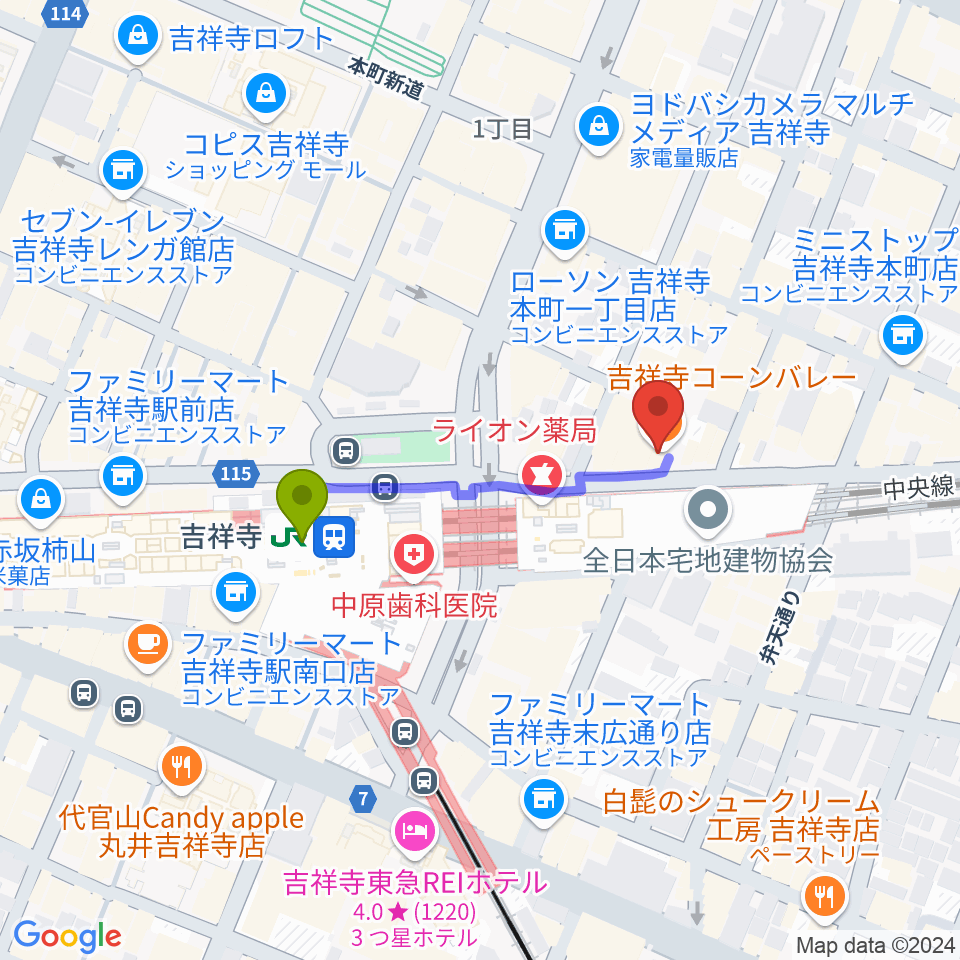 吉祥寺ブラック＆ブルーの最寄駅吉祥寺駅からの徒歩ルート（約3分）地図