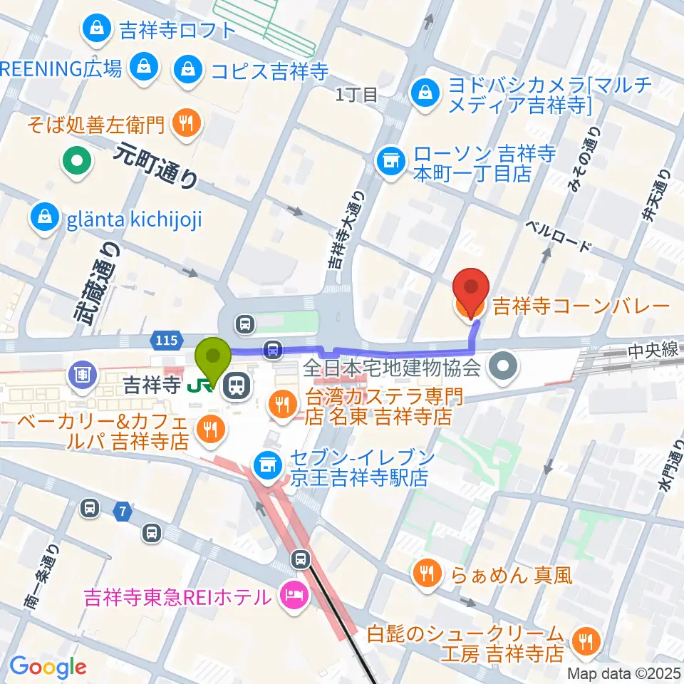 吉祥寺ブラック＆ブルーの最寄駅吉祥寺駅からの徒歩ルート（約3分）地図