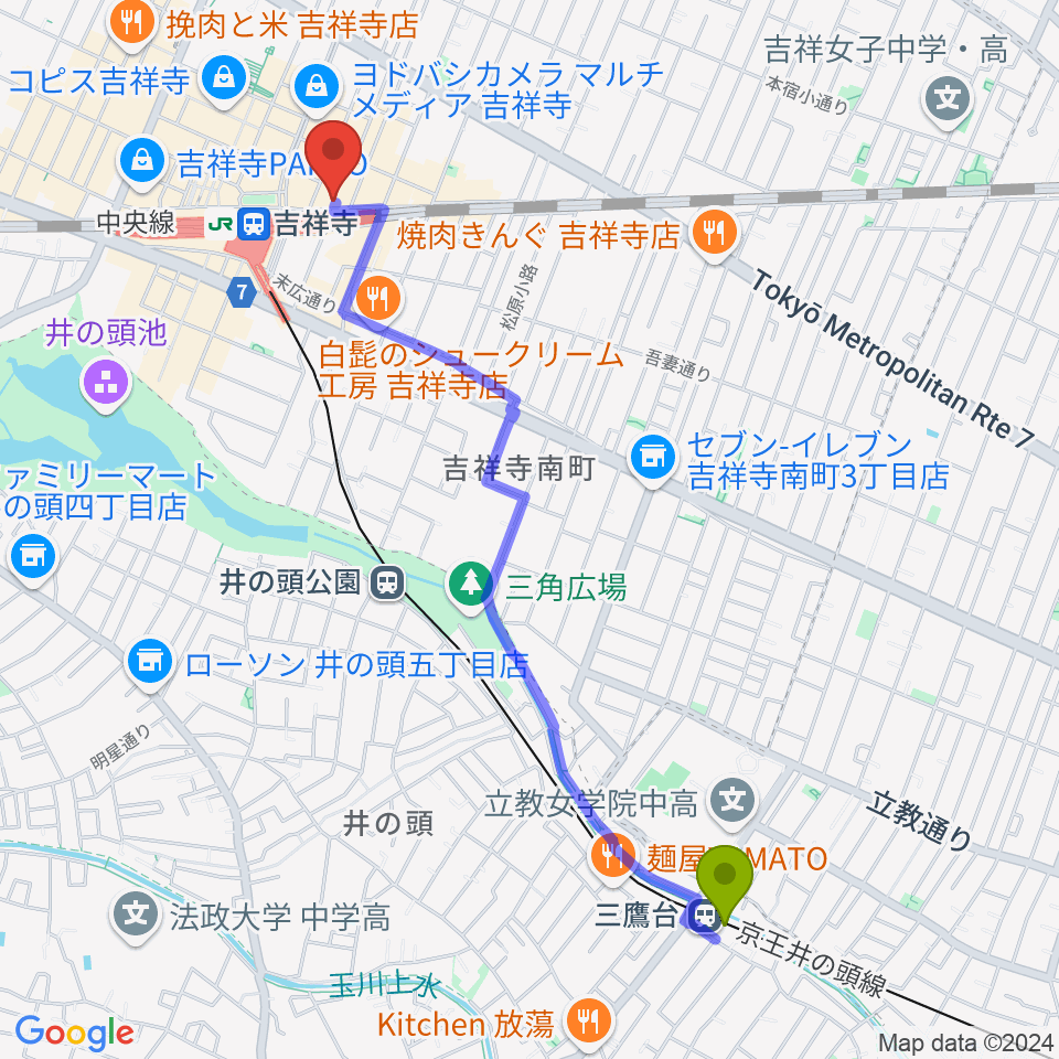 三鷹台駅から吉祥寺ブラック＆ブルーへのルートマップ地図