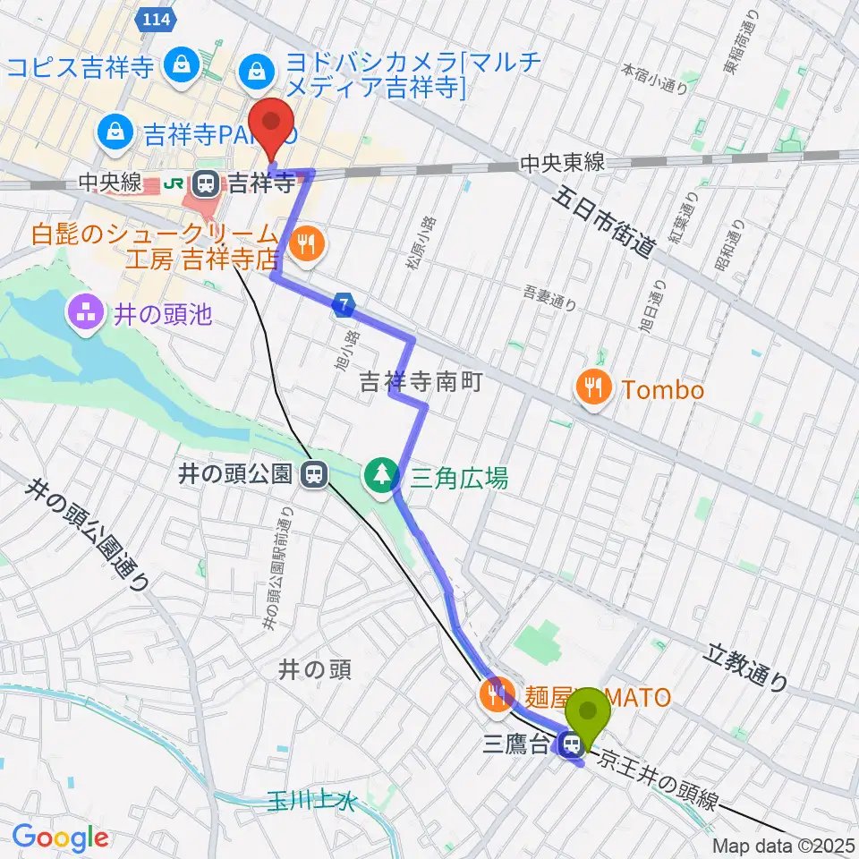 三鷹台駅から吉祥寺ブラック＆ブルーへのルートマップ地図