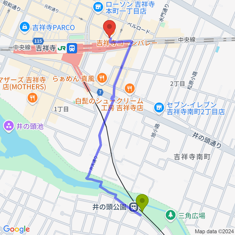 井の頭公園駅から吉祥寺ブラック＆ブルーへのルートマップ地図